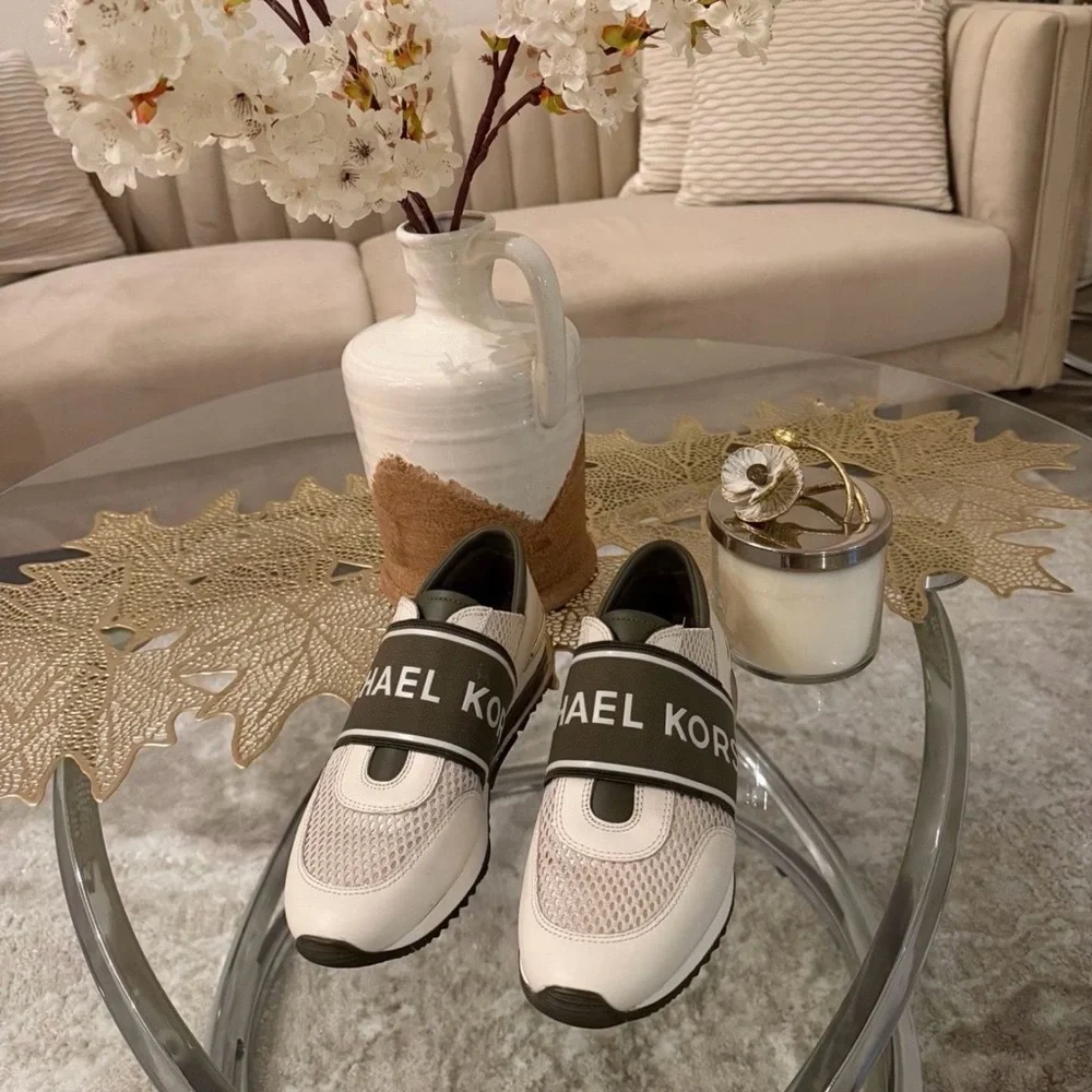 Michael Kors White and Olive Logo Slip-On Sneakers 5.5 - Picture 3 of 6